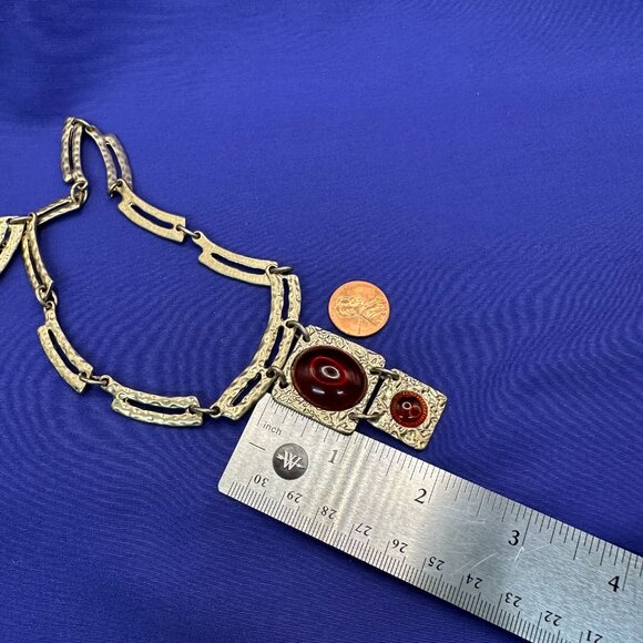 VTG Dana Buchman Gold-Tone Textured Metal Necklace Amber-Colored Cabochons. - Picture 5 of 12